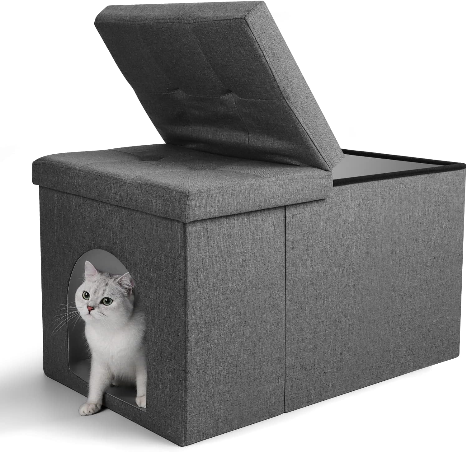 Cat Litter Box Enclosure, Hidden Litter Box Furniture Ottoman with Flip-Up Lid, Large Dog Proof | Waterproof Interior | Odor Control Litter Box, 29.9 x 21.6 x 19.7 Inches, Grey