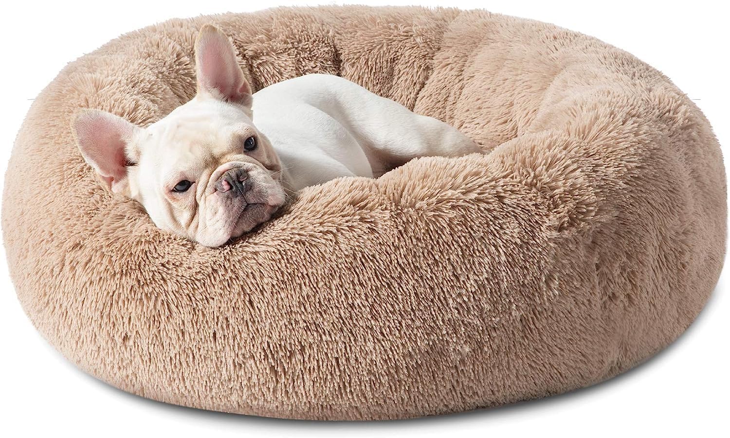 Bedsure Calming Dog Bed for Medium Dogs - Donut Washable Medium Pet Bed, 30 inches Anti-Slip Round Fluffy Plush Faux Fur Cat Bed, Fits up to 45 lbs Pets, Camel