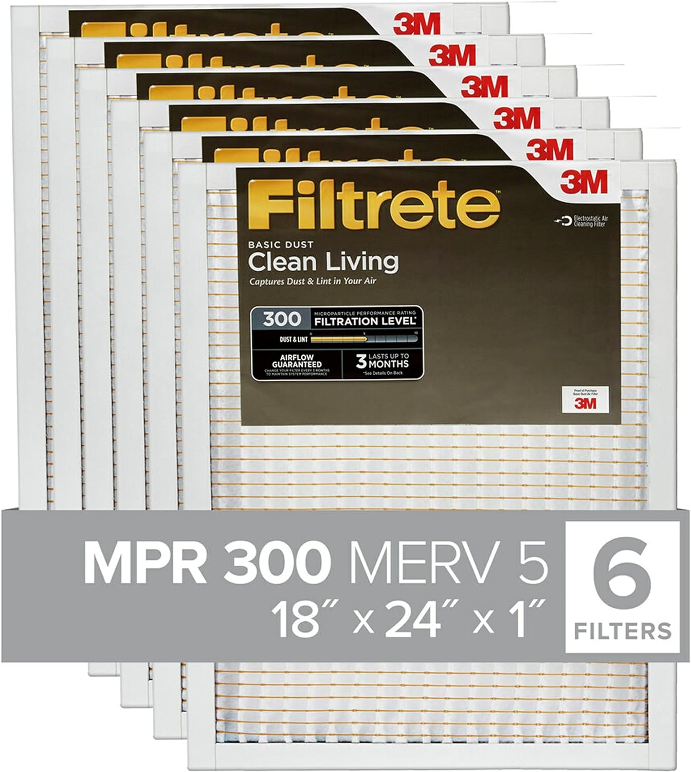 Filtrete 18x24x1 Air Filter, MPR 300, MERV 5, Clean Living Basic Dust 3-Month Pleated 1-Inch Air Filters, 6 Filters