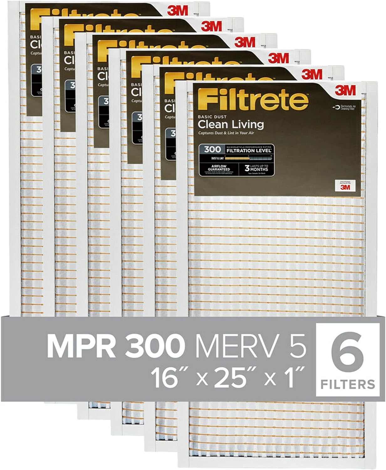 Filtrete 16x25x1 Air Filter, MPR 300, MERV 5, Clean Living Basic Dust 3-Month Pleated 1-Inch Air Filters, (Pack of 6)