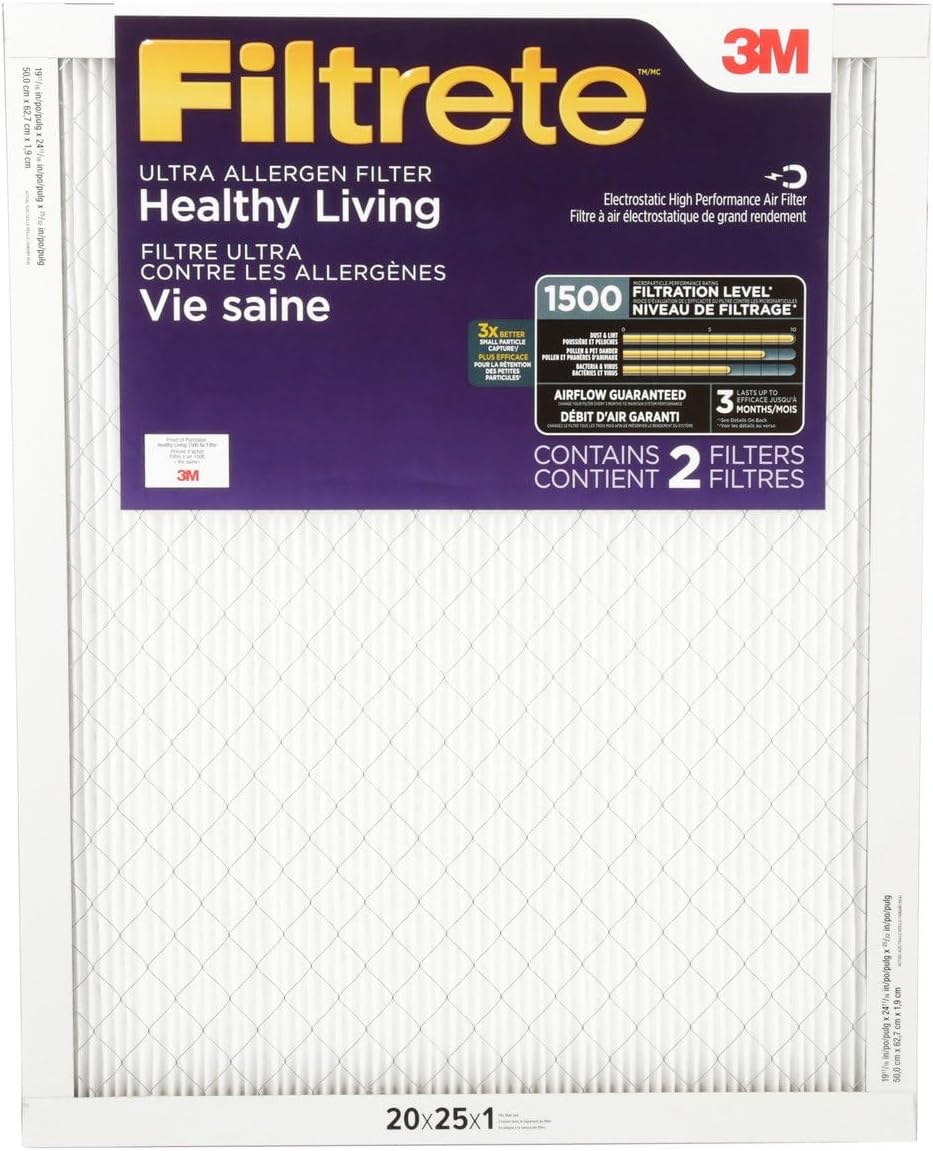 Filtrete 20x25x1 Air Filter, MPR 1500, MERV 12, Healthy Living Ultra-Allergen 3-Month Pleated 1-Inch Air Filters, 2 Filters