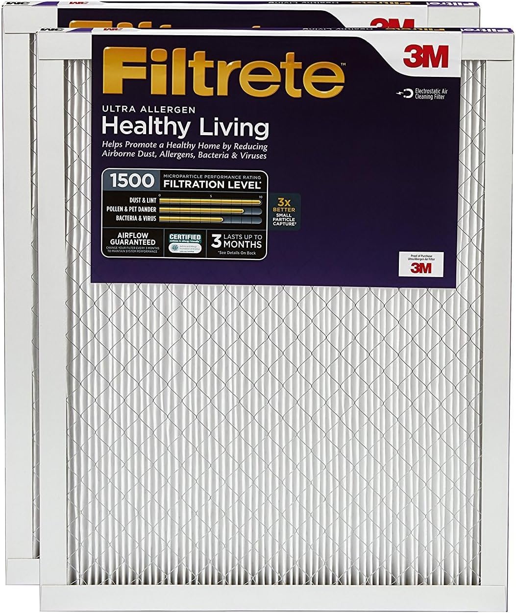 Filtrete 20x30x1 Air Filter, MPR 1500, MERV 12, Healthy Living Ultra-Allergen 3-Month Pleated 1-Inch Air Filters, 2 Filters