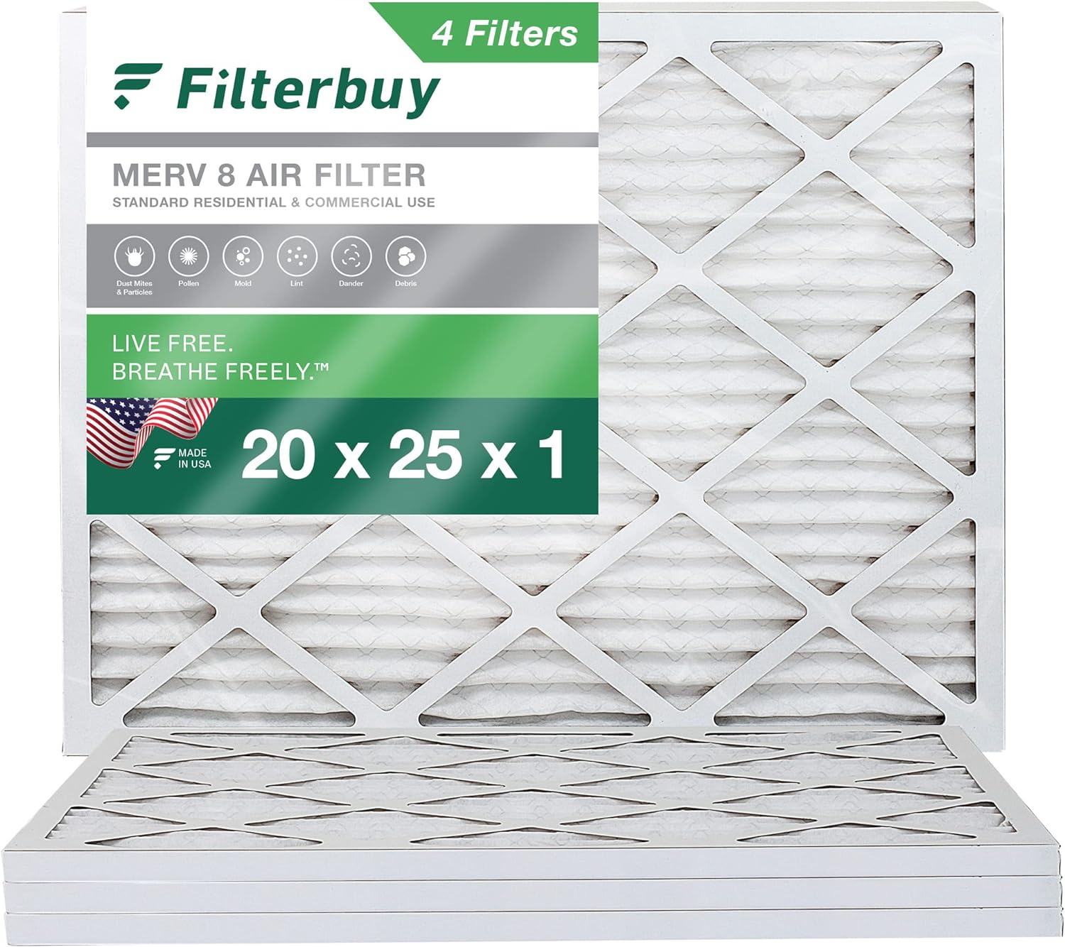 Filterbuy 20x25x1 Air Filter MERV 8 Dust Defense (4-Pack), Pleated HVAC AC Furnace Air Filters Replacement (Actual Size: 19.50 x 24.50 x 0.75 Inches)