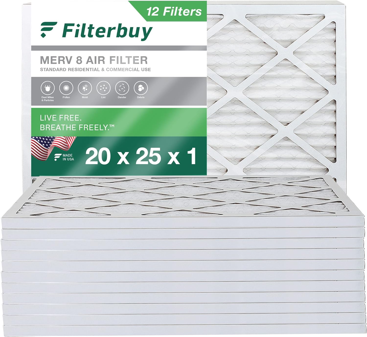 Filterbuy 20x25x1 Air Filter MERV 8 Dust Defense (12-Pack), Pleated HVAC AC Furnace Air Filters Replacement (Actual Size: 19.50 x 24.50 x 0.75 Inches)