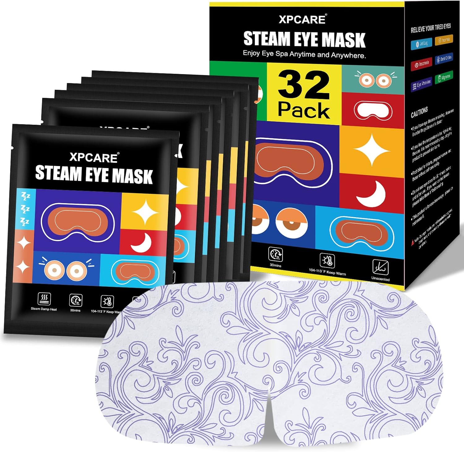 XPCARE 32 Pack Steam Eye Masks for Dry Eyes, SPA Warm Sleep Eye Mask, Disposable Heated Eye Mask for Dark Circles, Puffy Eyes, Relief Stress Eye Fatigue