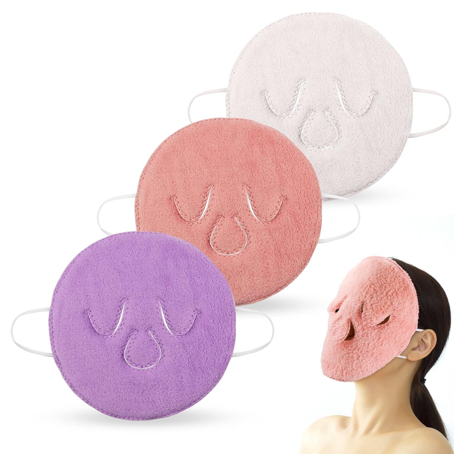 3 Pieces Reusable Face Towel Mask Anti Aging Facial Steamer Towel Moisturizing Masks spa towels Facial Steamer Masks for Mom Sisters Female Friendspink pruple white