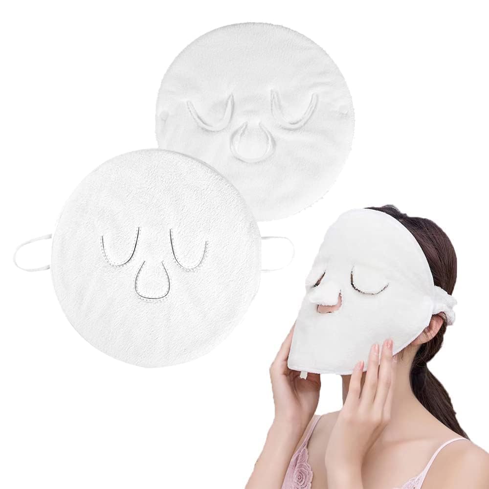 3 Holes Towel Mask Reusable Face Towel Mask Cold Hot Compress Facial Steamer Moisturizing Beauty Skin Care Spa Towels for Facial Steamer Mask (Ear Hanging Fine Stitching Head strap style)