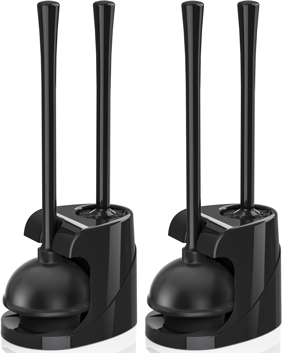 Toilet Plunger and Brush, Bowl Brush and Heavy Duty Toilet Plunger Set with Ventilated Holder, 2-in-1 Bathroom Cleaning Combo with Modern Caddy Stand (Black, 2 Set)