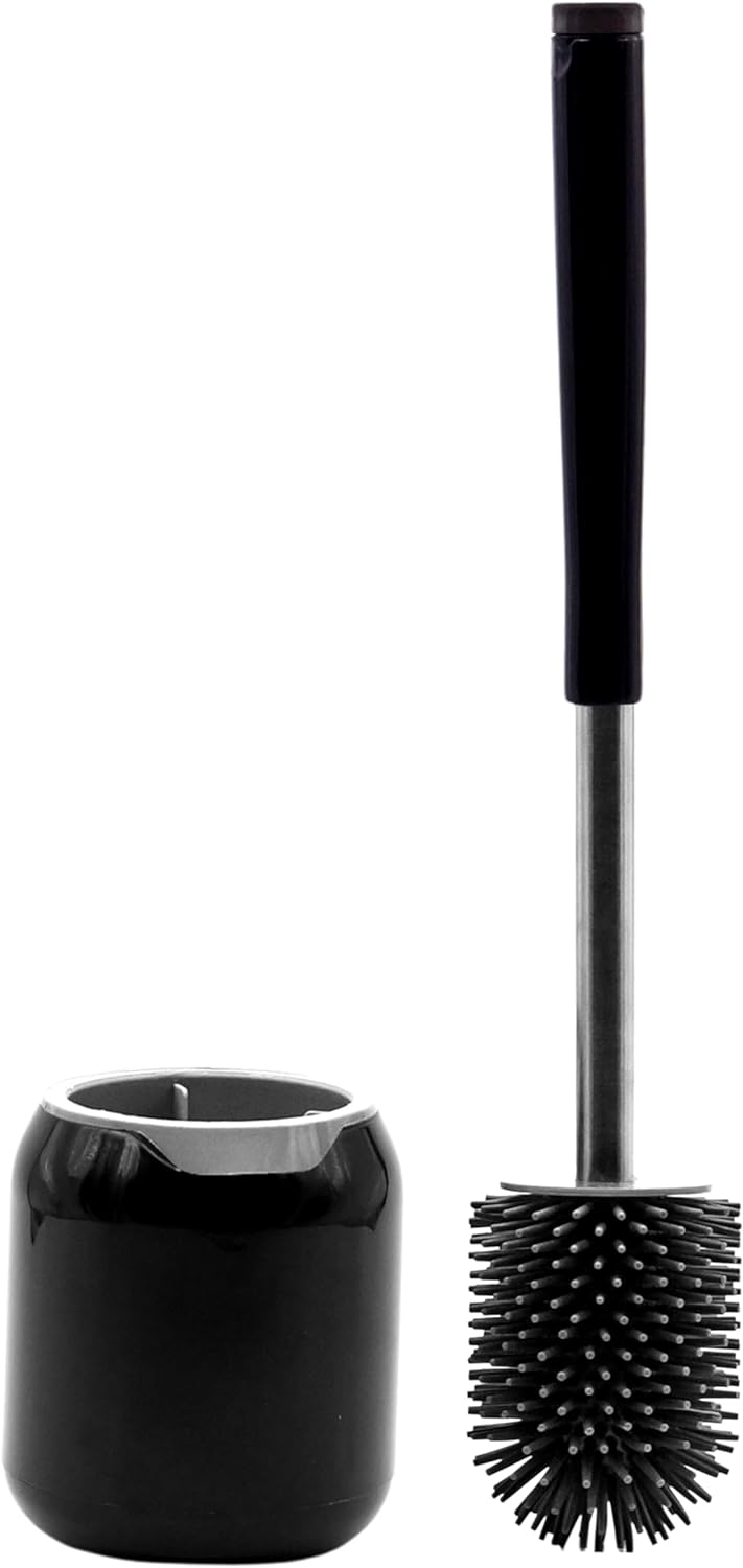 Alpron Depot Premium Silicone Toilet Brush with Wall-Mounted Holder - Stainless Steel, TPR, PP Materials - Deep Cleaning, Anti-Slip Handle, Bathroom Cleaning Tool (Black)