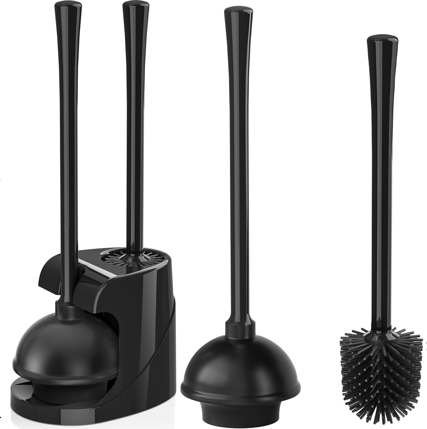 Toilet Plunger and Brush, Silicone Toilet Brush and Heavy Duty Toilet Plunger Set with Ventilated Holder, 2-in-1 Bathroom Cleaning Combo with Caddy Stand (Black)