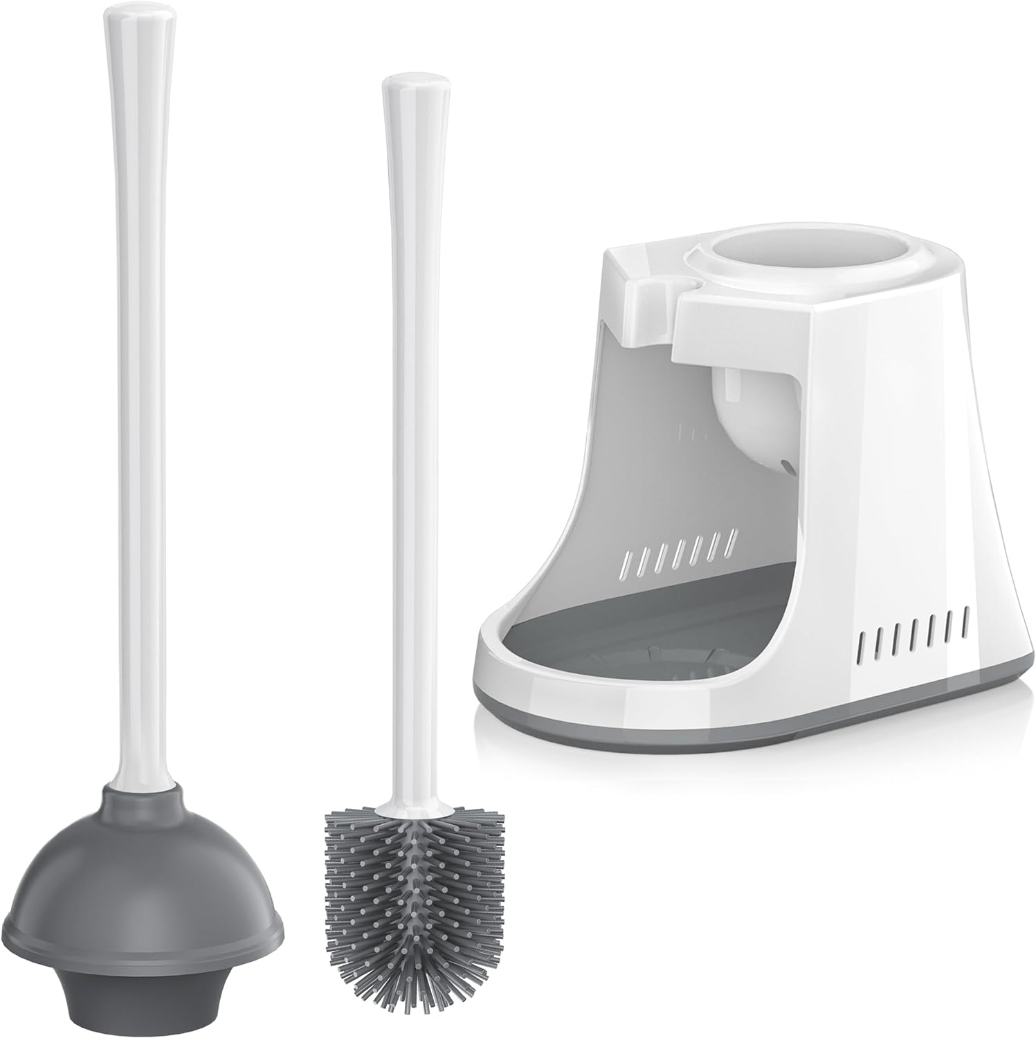 Toilet Plunger and Brush, Silicone Bowl Brush and Heavy Duty Toilet Plunger Set with Ventilated Holder, 2-in-1 Toilet Brush and Plunger Combo for Bathroom Cleaning (White, 1)