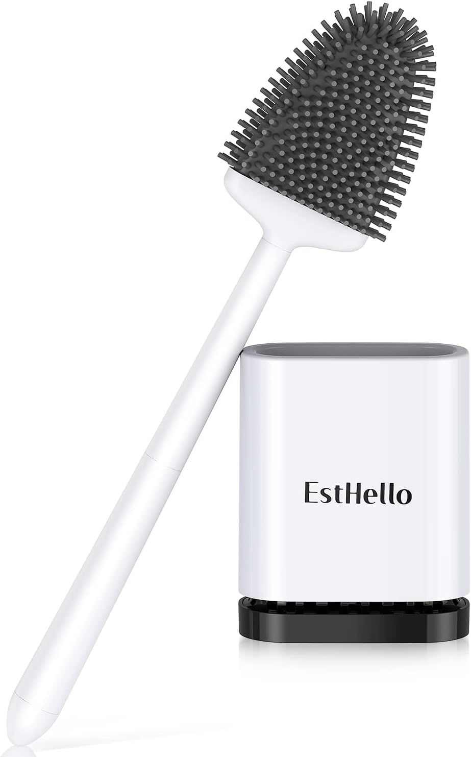 ESTHELLO Toilet Brush and Holder, Silicone Toilet Bowl Cleaner Brush Set for Bathroom Deep Cleaning, Compact Flexible Toilet Cleaner Brush with Ventilated Drying Holder, Wall Mounted/Floor Standing