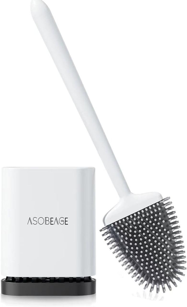 ASOBEAGE Toilet Brush,Deep Cleaner Silicone Toilet Brushes with No-Slip Long Plastic Handle and Flexible Bristles, Silicone Toilet Brush with Quick Drying Holder Set for Bathroom ToiletWhite