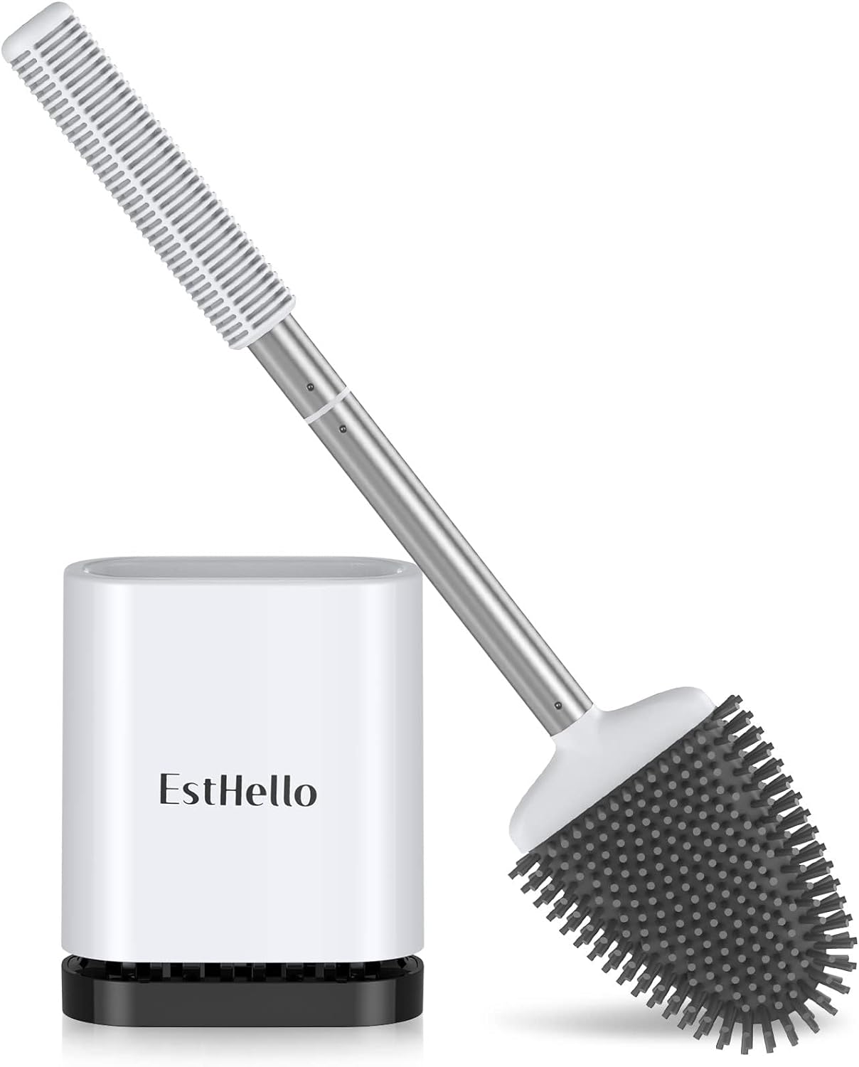 ESTHELLO Toilet Brush and Holder, Silicone Toilet Bowl Brush with Stainless Steel Handle, Compact Size Toilet Cleaning Brush with Drip-Proof Holder, Flexible Toilet Scrubber for Bathroom Cleaning