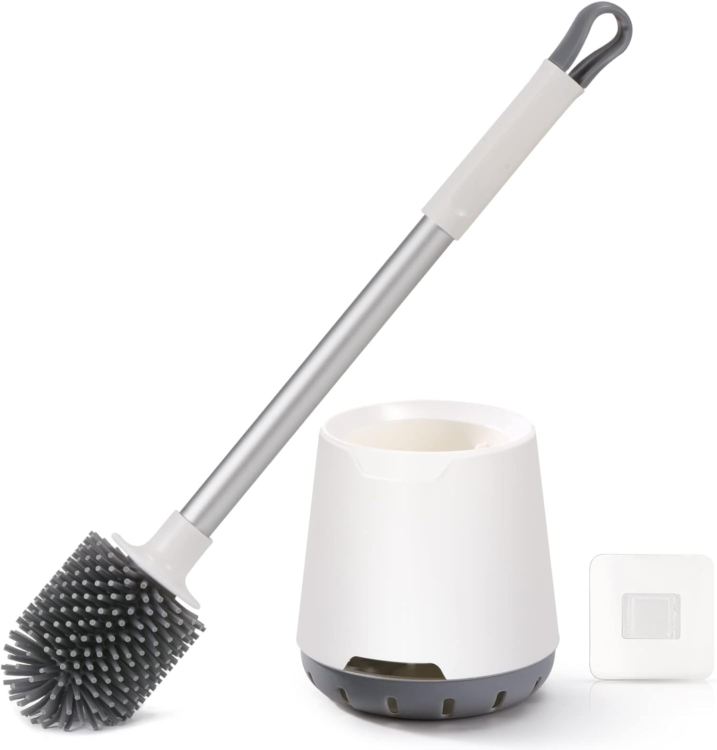 Toilet Brush and Holder Set, Silicone Bristles Brush Head, Long Aluminium Alloy Handle, Freestanding or Wall Mount, White & Grey