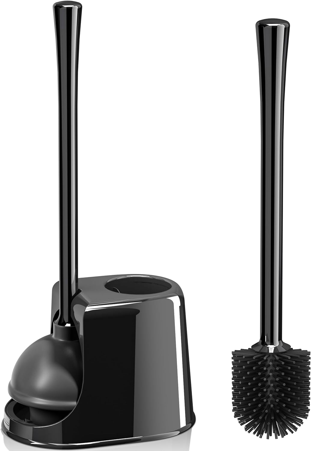 Toilet Plunger and Brush Set, Silicone Toilet Brush and Plunger with Ventilated Holder, 2-in-1 Bathroom Cleaning Combo with Caddy Stand(Black)