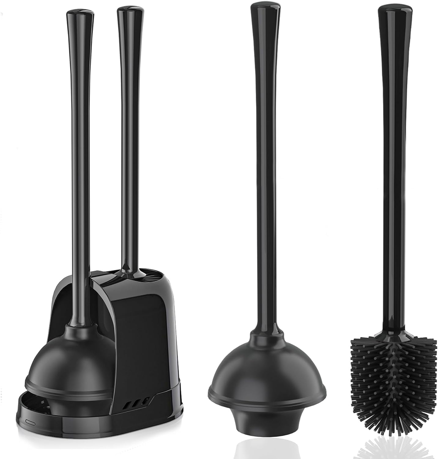 Toilet Plunger and Brush, Silicone Bowl Brush and Heavy Duty Toilet Plunger Set with Ventilated Holder, 2-in-1 Toilet Brush and Plunger Combo for Bathroom Cleaning (Black, 1 Set)