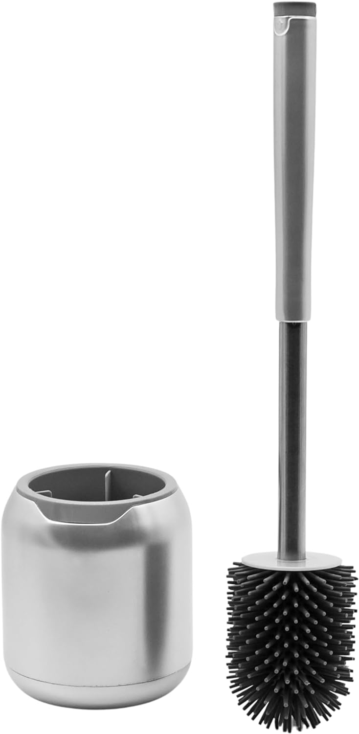 Alpron Depot Premium Silicone Toilet Brush with Wall-Mounted Holder - Stainless Steel, TPR, PP Materials - Deep Cleaning, Anti-Slip Handle, Bathroom Cleaning Tool(Silver)