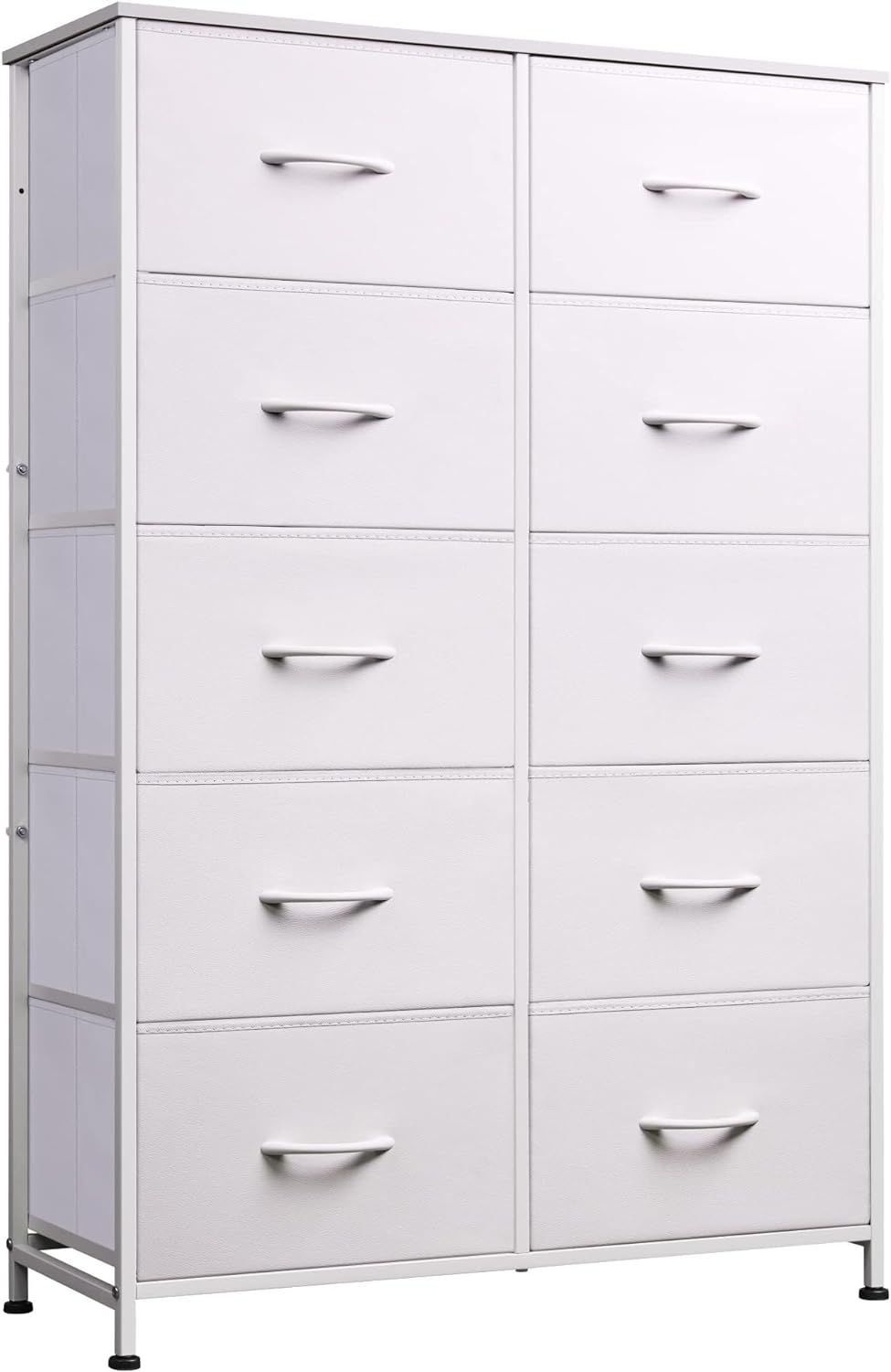 WLIVE 10-Drawer Dresser, Fabric Storage Tower for Bedroom, Hallway, Closets, Tall Chest Organizer Unit with Textured Print Fabric Bins, Steel Frame, Wood Top, Easy Pull Handle,White