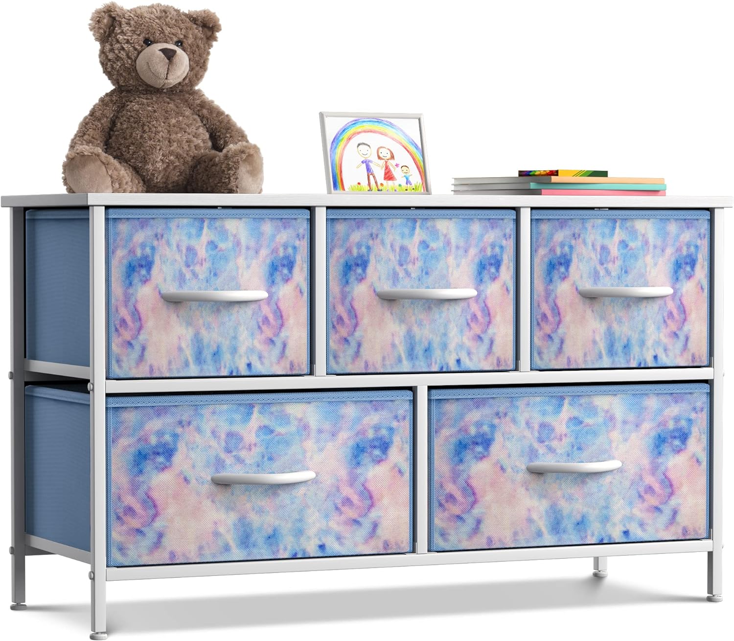 Sorbus Kids Dresser with 5 Drawers - Storage Chest Organizer Unit with Steel Frame, Wood Top, Easy Pull Fabric Bins - Long Wide TV Stand for Bedroom Furniture, Hallway, Closet & Office Organization