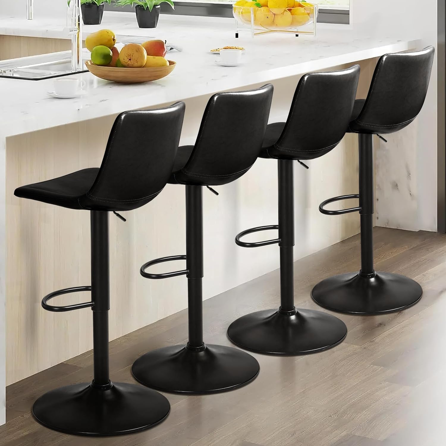 LEMBERI Bar Stools Set of 4 Modern Swivel Bar Chairs, Barstools Counter Height with High Backrest, Adjustable Faux Leather Upholstered Bar Stool for Bar, Kitchen, Dining Room (Black)