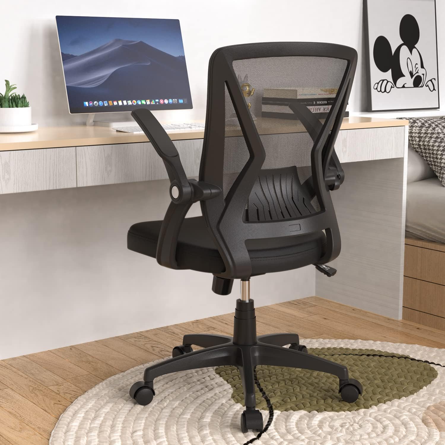 Mesh Office Chair Ergonomic Mid Back Swivel Black Mesh Desk Chair Flip Up Arms with Lumbar Support Computer Chair Adjustable Height Task Chairs