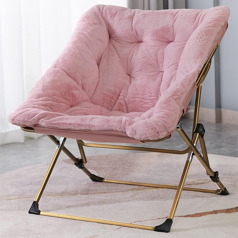 OAKHAM Comfy Saucer Chair, Folding Faux Fur Lounge Chair for Bedroom and Living Room, Flexible Seating Chair for Kids Teens Adults, X-Large (Faux Fur-Pink)