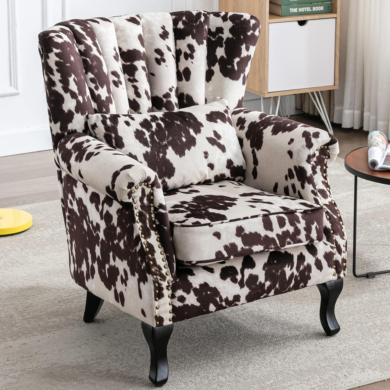 Accent Reading Arm Chairs Midcentury Modern Comfy Corner Sofa Chair, Wingback Waiting Room Club Chair with Tufted Back for Living Room/Bedroom/Reception Room, Fabric Cow