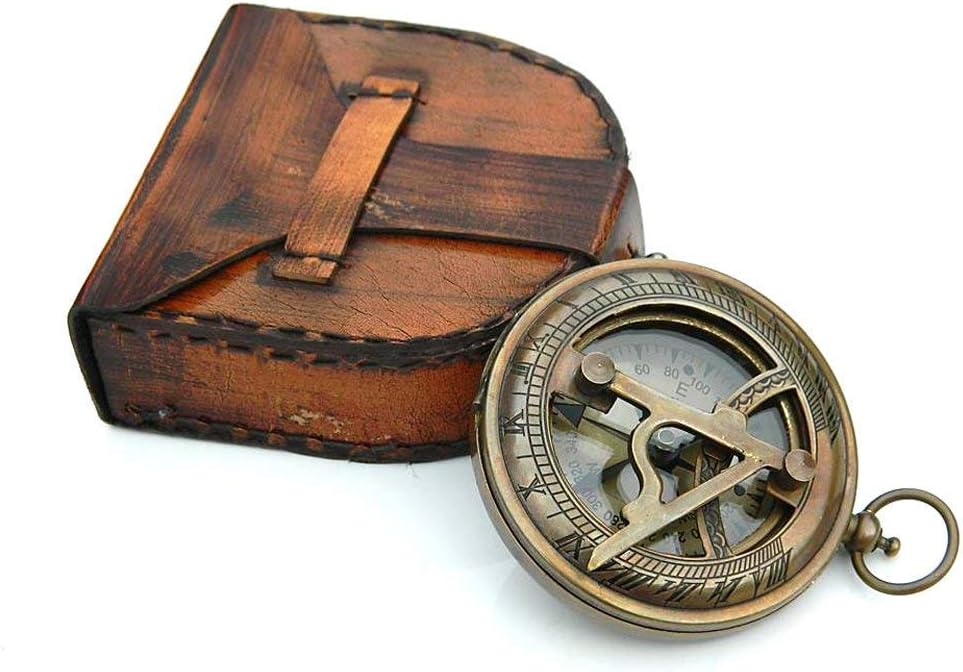 Personalized Vintage Sundial Compass with Leather Case,Brass Compass,Gift for Him,Engraved Compass,Sundial Push Compass for Camping, Hiking, Touring