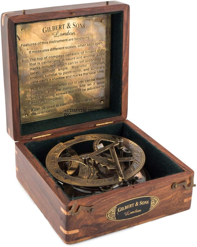 Top Grade 5 Inch Perfectly Calibrated Large Sundial Compass with Wooden Box.
