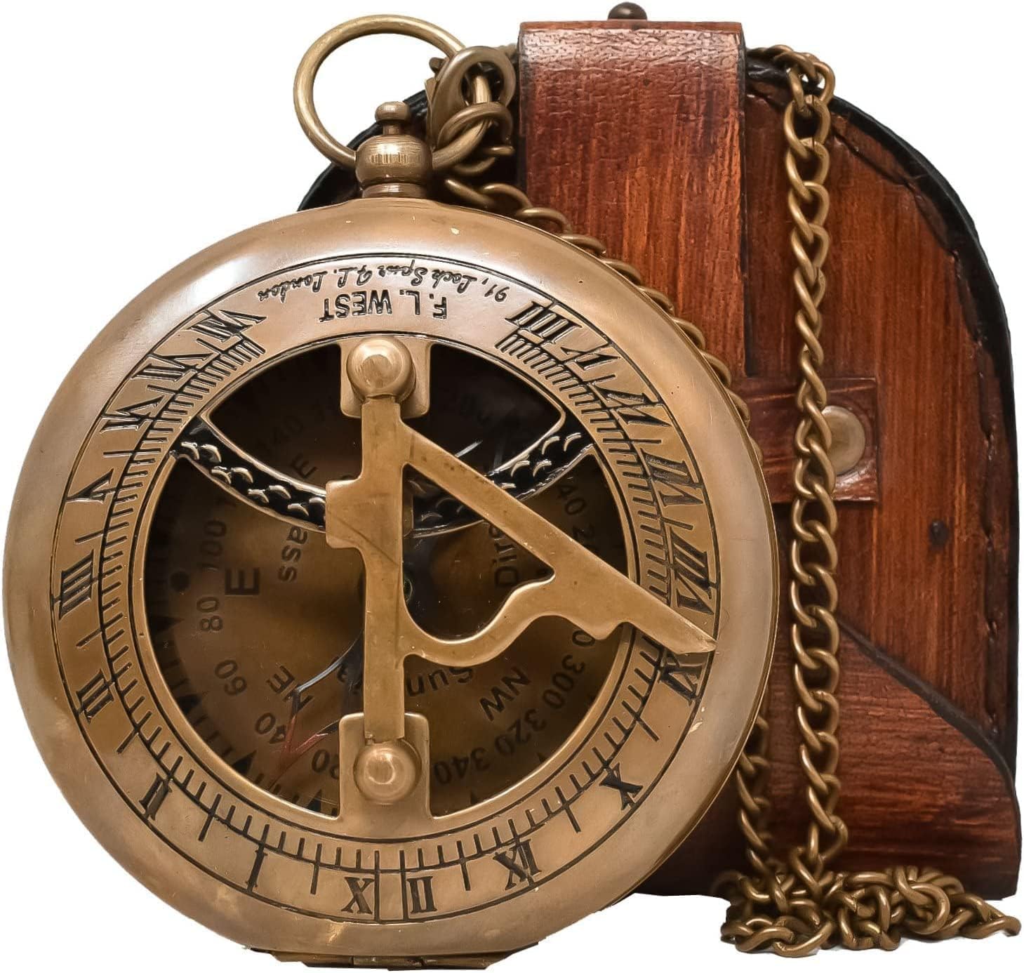 Brass Sundial Compass Unique Gift for Men with Leather Case and Chain - Push Open Compas Vintage Steampunk Accessory - Sundial Clock- Handmade Gift