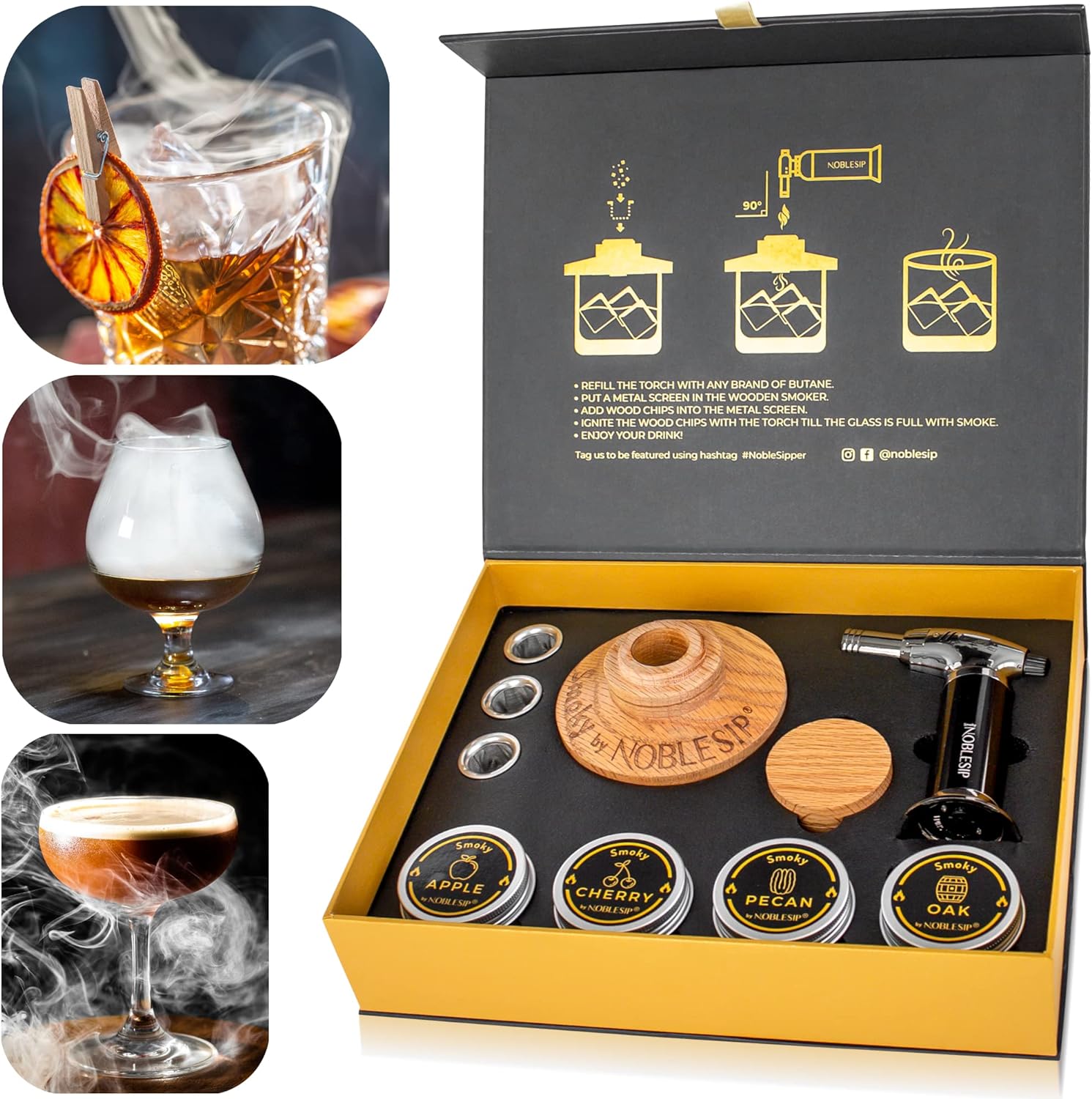 Whiskey Smoker Kit  Smoky by NOBLESIP - Complete Bar Set to Smoke your Old Fashioneds and all your Favorite Cocktails. Great gift for Whisky, Bourbon, and Scotch lovers. 100% Natural Oak