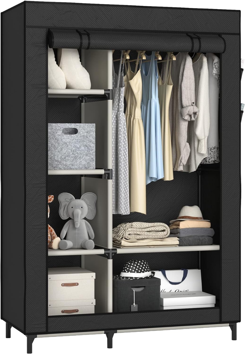 Canvas Wardrobe Portable Closet Wardrobe Clothes Storage with 6 Shelves and Hanging Rail,Non-Woven Fabric, Quick and Easy Assembly,Black