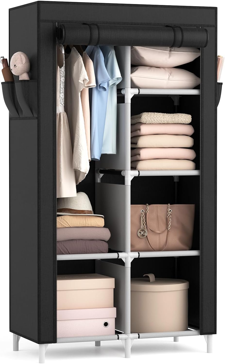 ROJASOP Portable Closet Wardrobe Closet for Hanging Clothes with 6 Storage Shelves, 1 Hanging Rod and 4 Pockets, Free Standing Closet Clothes Organizer for Bedroom, Sturdy and Easy Assemble