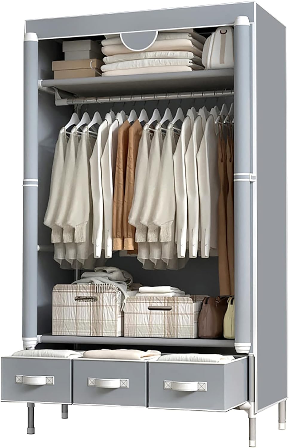 Portable Clothes Closet Rolling Door Wardrobe with Hanging Rack Non-Woven Fabric Storage Organizer with Three Drawer Boxes No-Tool Assembly - 35.4 x 17.7 x 67.0  (Gray)