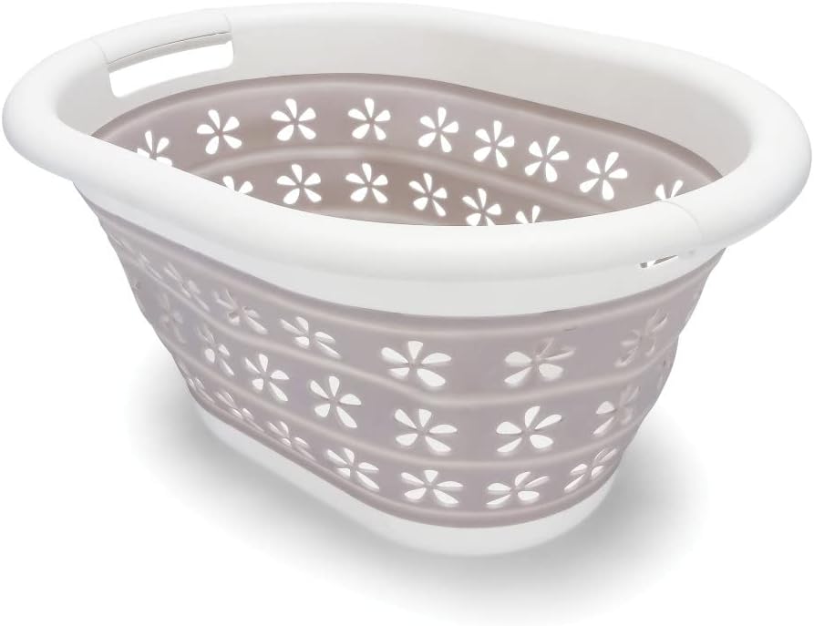 Camco Collapsible Laundry Basket | Features Simple Pop-Open & Collapse-Down Design | Waterproof for Easy Clean-Up | Measures 14.5 x 19.75 x 2.5/10 Collapsed/Expanded, Taupe & White (51951)