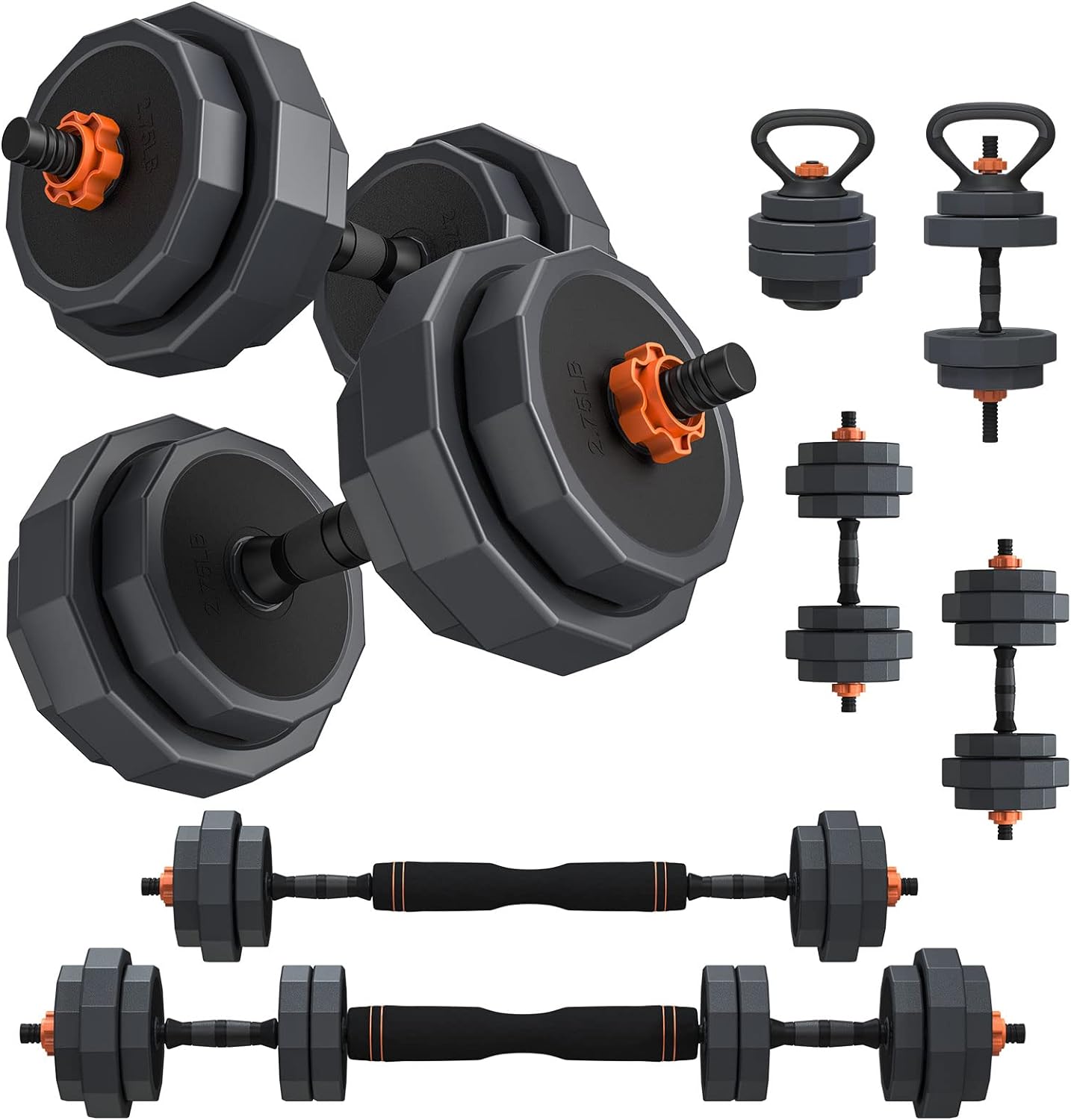 Lusper Adjustable Weights Dumbbells Set, 44LB/55LB/66LB Free Weights, 3 in 1 Mutiweight Dumbbell/Barbell/Kettlebell with Connector, Versatile Weight Set for Home Gym