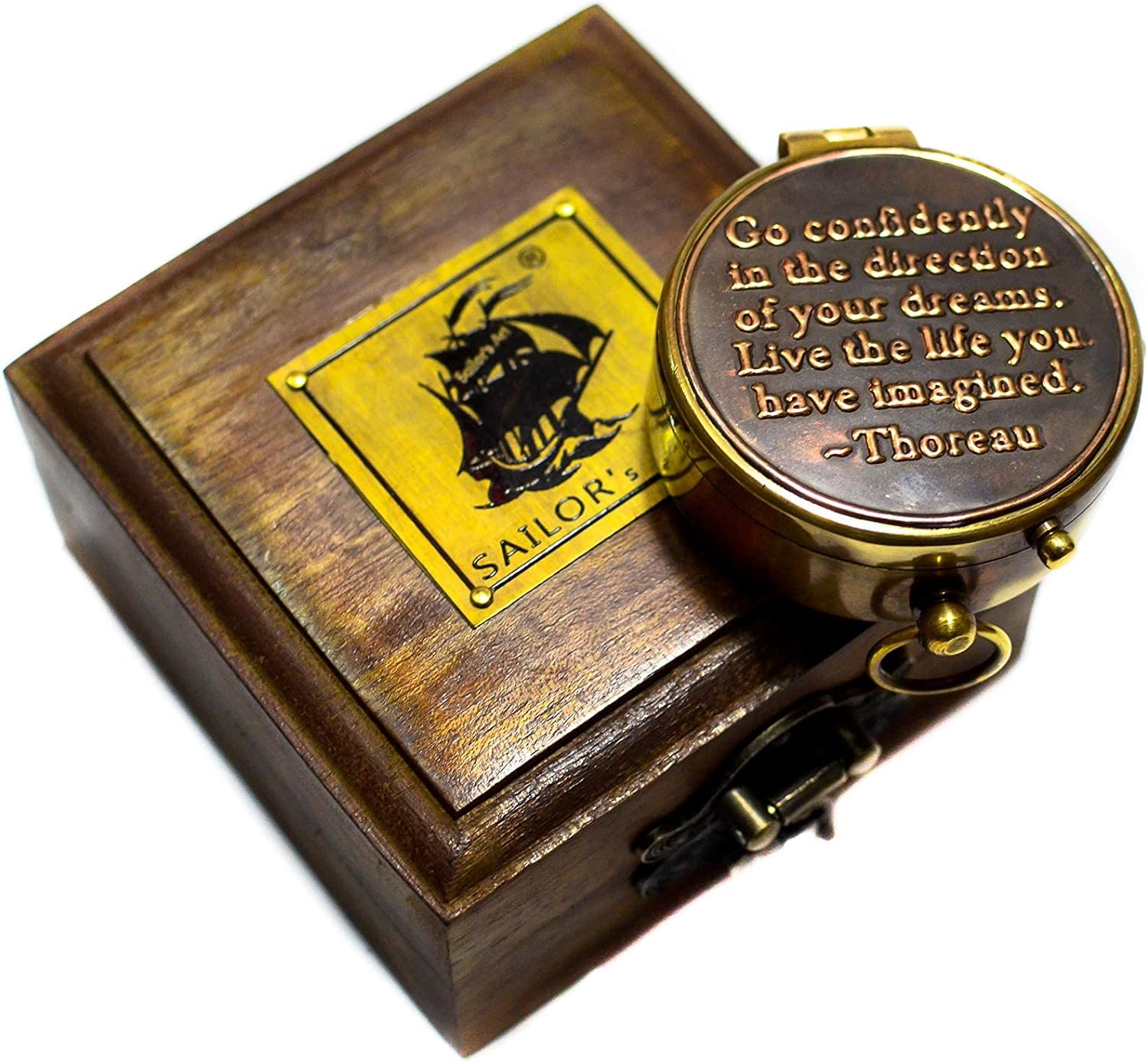 Sailor' Art Vintage Style Brass Pocket Compass with Wooden Box, Quote Engraved, Gifts for Kids Children Teen Family, Nautical Navy Compass, Baptism Gifts, Confirmation Gifts