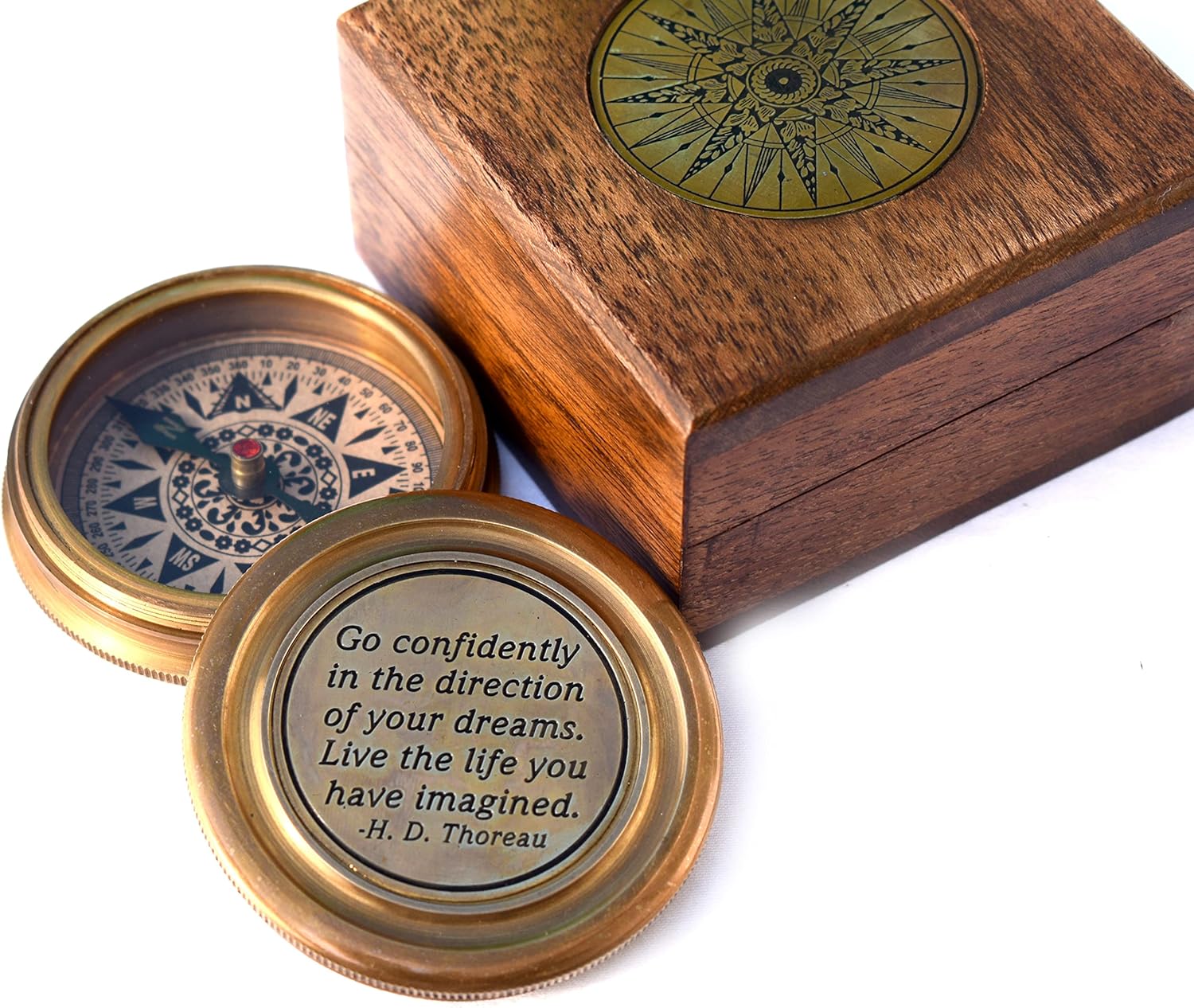 Solid Brass Thoreau' Go Confidently Quote Engraved Compass with Wooden Box, Camping Compass, Baptism Gift, 2023 Graduation Day Gifts, Christian Gifts for Men, First Confirmation Gift