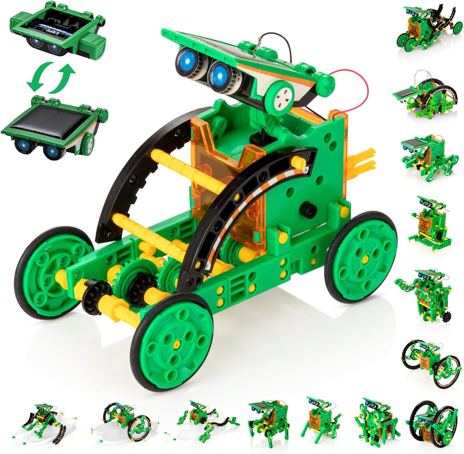 Solar Robot Kit for Kids, 14-in-1 Educational STEM Science Toy, Solar Power Building Kit DIY Assembly Battery Operated Robotic Set for Kids, Teens and Science Lovers(Battery Include) - Green