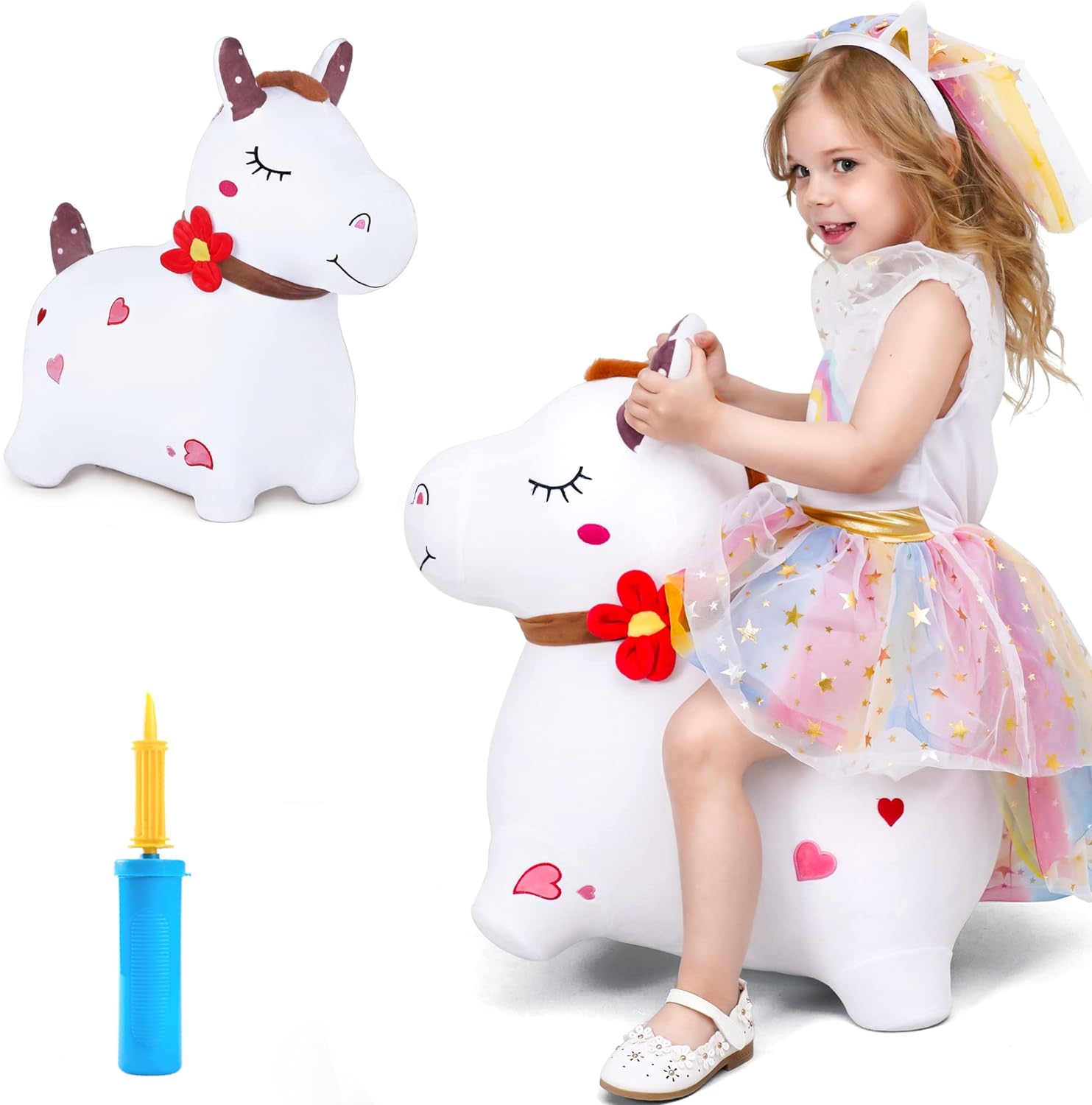 iPlay, iLearn Bouncy Pals White Hopping Horse, Inflatable Bouncing Animal Hopper Toy W/Pump, Plush Ride on Bouncer, Indoor Outdoor Birthday Gifts for 18 24 Month 2 3 4 5 Year Old Toddler Kid Boy Girl