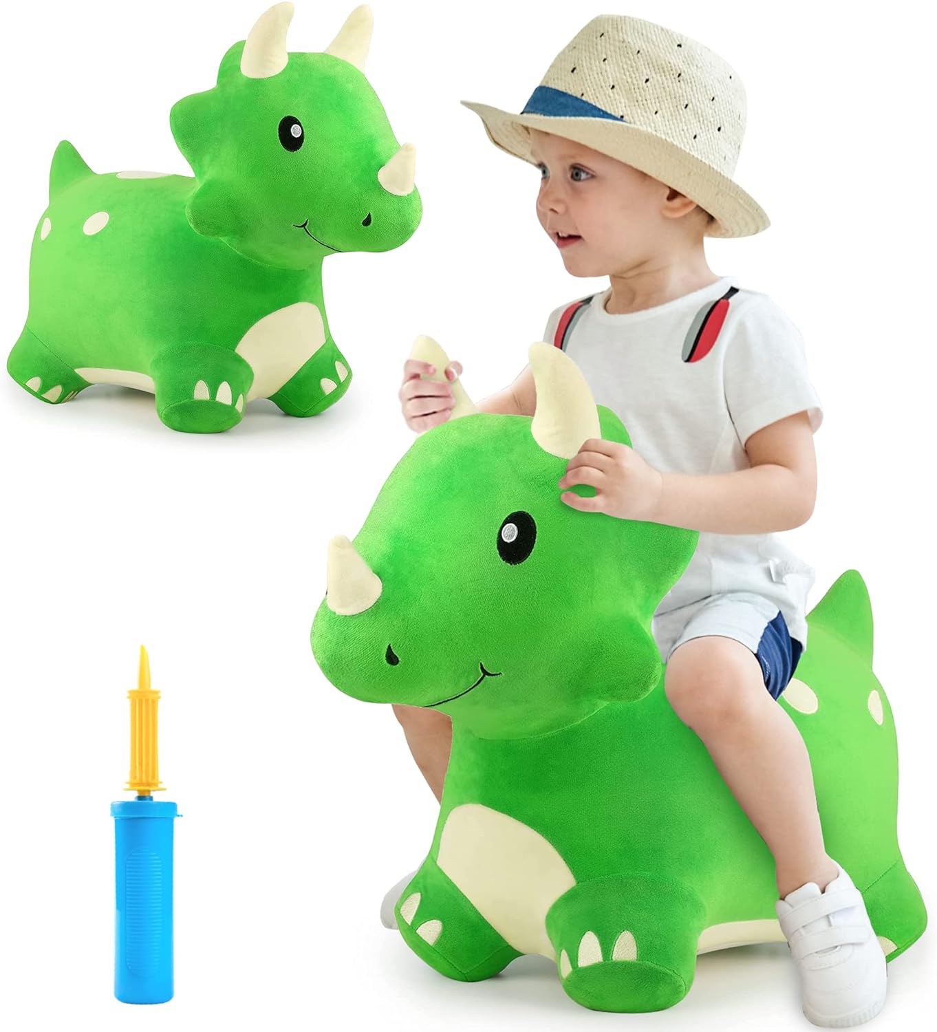 iPlay, iLearn Bouncy Pals Dinosaur Hopper Toy 2 Year Old Boy, Toddler Plush Bounce Animals, Ride on Bouncing Triceratops for Kids, Outdoor Hopping Horse Bouncer, Cool Birthday Gifts 3 4 5 6 Yr Girls