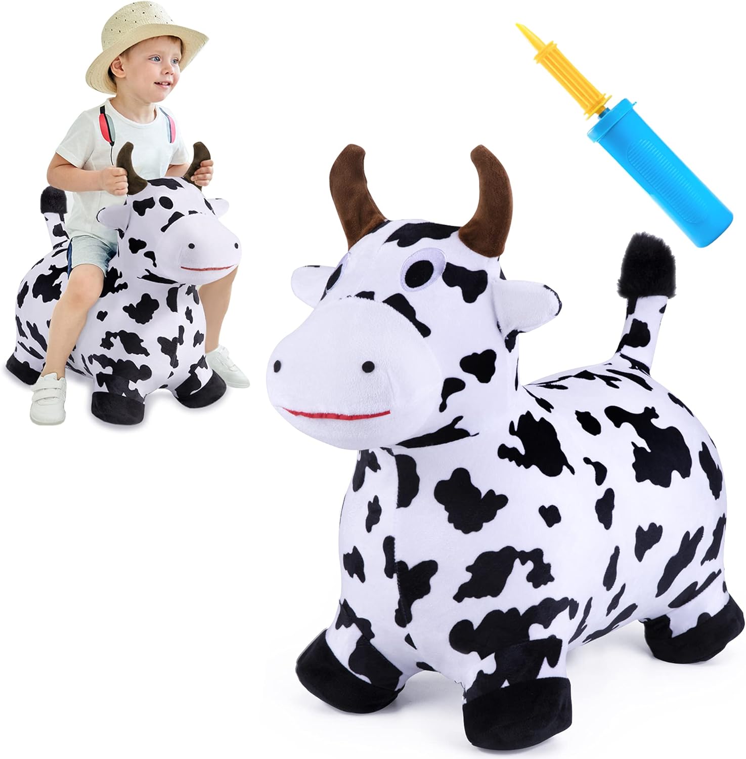 iPlay, iLearn Bouncy Pals Cow Hopping Horse, Outdoor Ride on Bouncy Animal Play Toys, Inflatable Hopper Plush Covered with Pump, Birthday Gift for 18 Months 2 3 4 5 Year Old Kids Toddlers Boys Girls