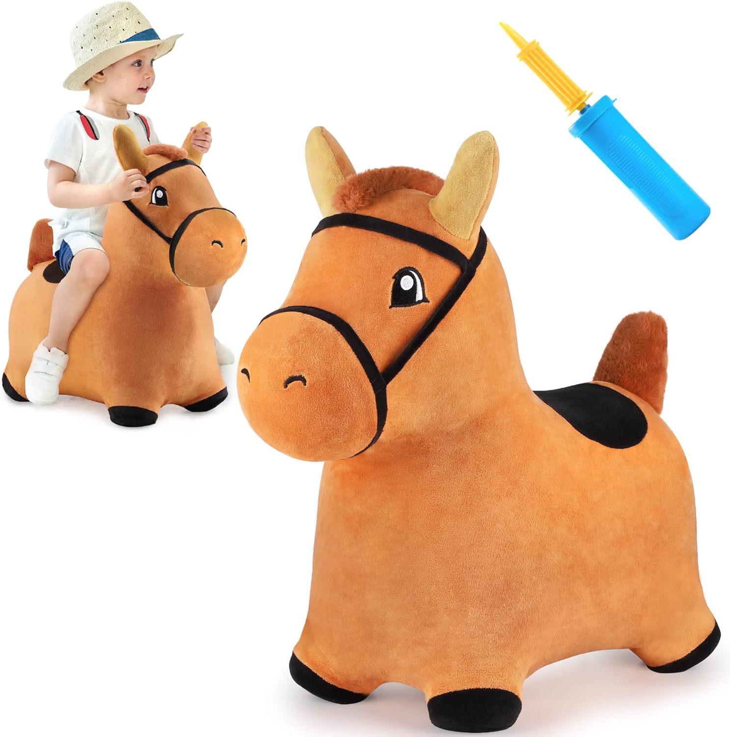 iPlay, iLearn Bouncy Pals Brown Hopping Horse, Toddler Plush Animal Hopper Toy, Kids Inflatable Ride on Bouncer W/Pump, Indoor Outdoor Jumper, Birthday Gifts for 18 24 Months 2 3 Year Old Boys Girls