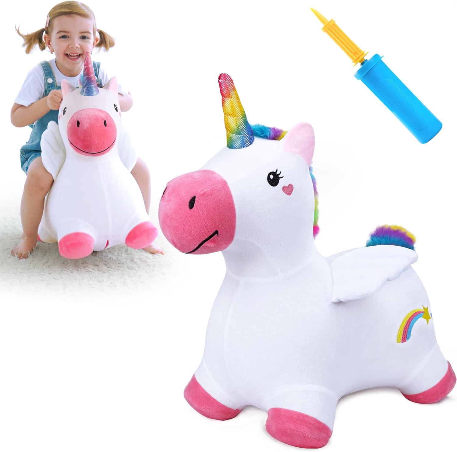 iPlay, iLearn Bouncy Pals Unicorn Bouncy Horse, Toddler Girl Bouncing Animal Hopper, Inflatable Plush Hopping Toy, Outdoor Indoor Ride on Bouncer, Baby First Birthday Gift 18 Months 2 3 4 Year Old Kid