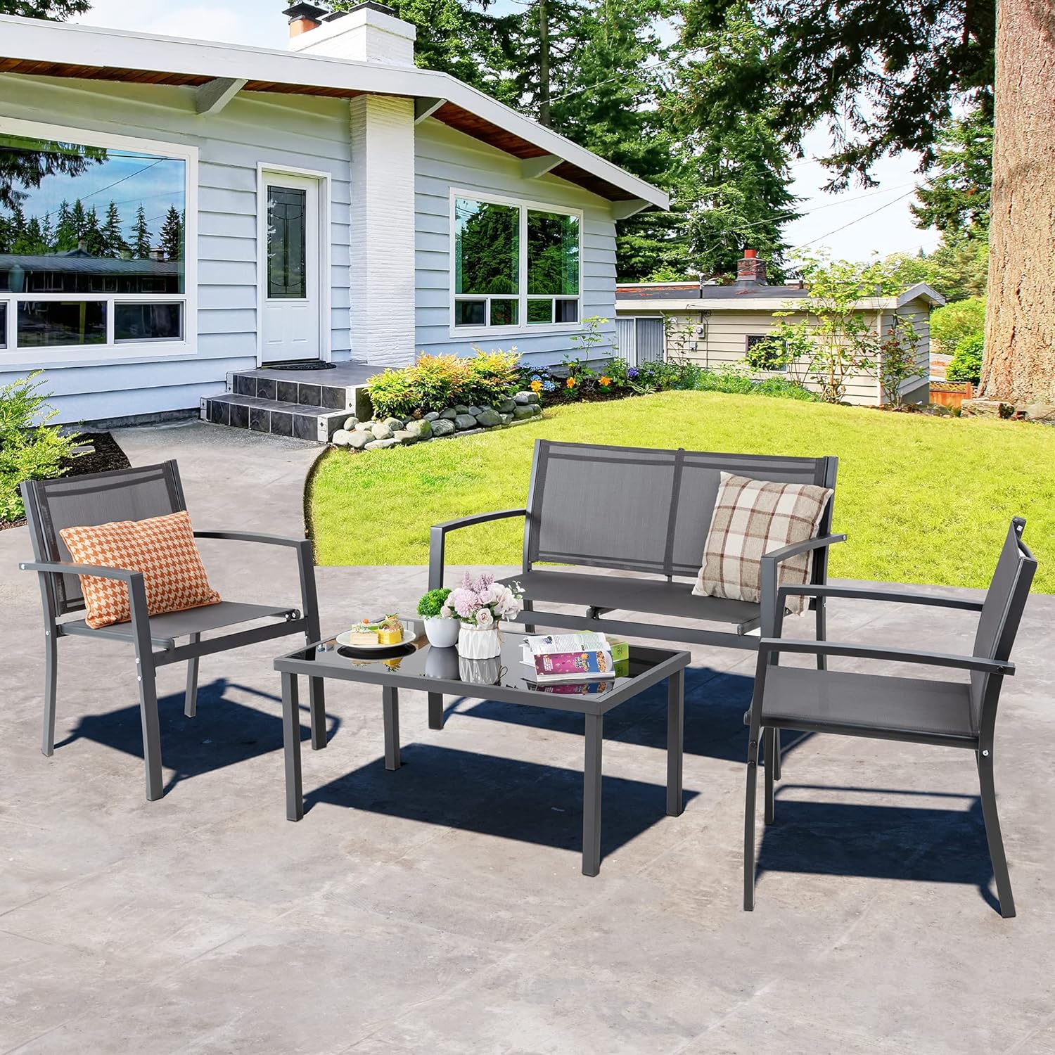 Shintenchi 4 Pieces Patio Furniture Set, Modern Design, Durable Steel Frame, Comfortable Textile Cushions, Easy to Move and Clean