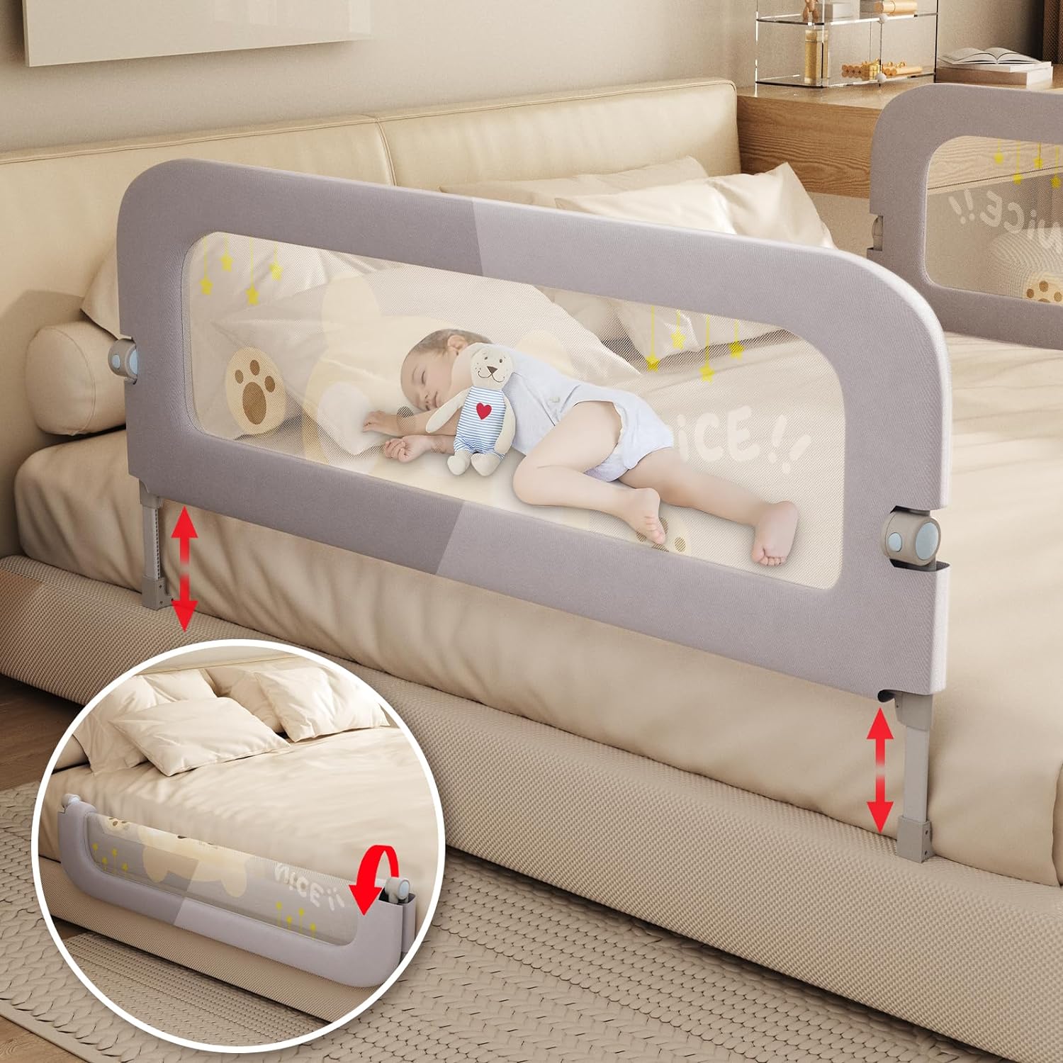 Bed Guard Rail for Toddlers - 60 inches Lift Foldable Toddler Bed Rails for Kids - Safety Baby Bed Rail Guard with Reinforced - Great Fit for Kids Twin Double, Full Size, Queen, King Size Bed