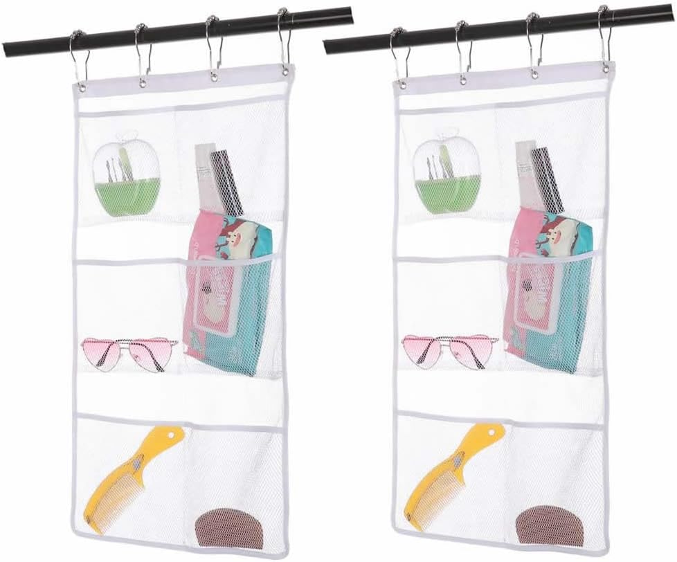 2 Pack Mesh Hanging Caddy Organizer with 6 Pockets, Shower Curtain Rod Liner Hanging Organizer Storage Pockets Bathroom Hanger Organizer, Bath Toy Holder Organizer with Portable 4 Rings