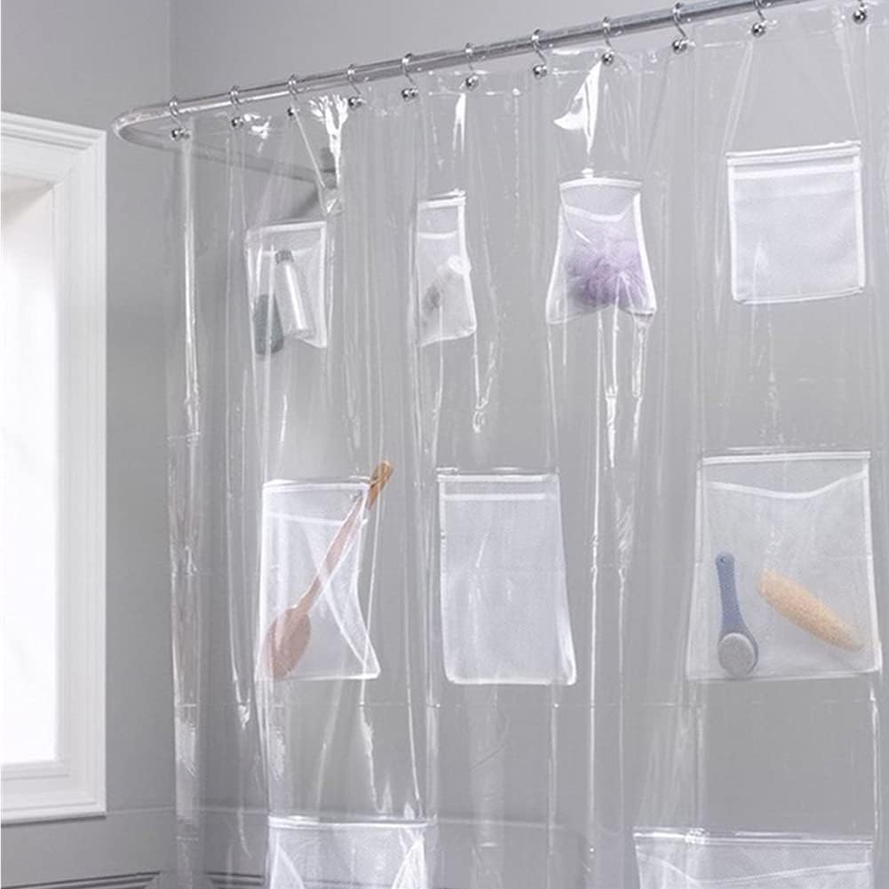 Waterproof Fabric Shower Curtain or Liner with 9 Storage Pockets Bathroom Shower (Clear)