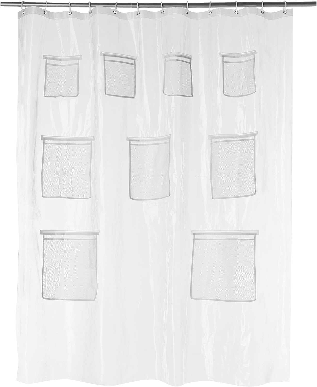 Amazon Basics 8-Gauge PEVA Shower Curtain or Liner with Mesh Storage Pockets - 72 x 72, Clear